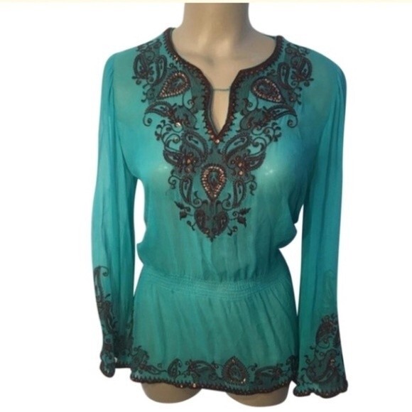 Cache 100% Silk Blue & Brown Sheer Embellished Embroidered Peasant Top S - Picture 2 of 8